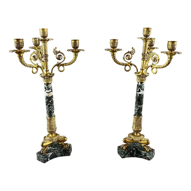 19th Century Candelabras in Gilt Bronze and Green Marble, Set of 2 For Sale