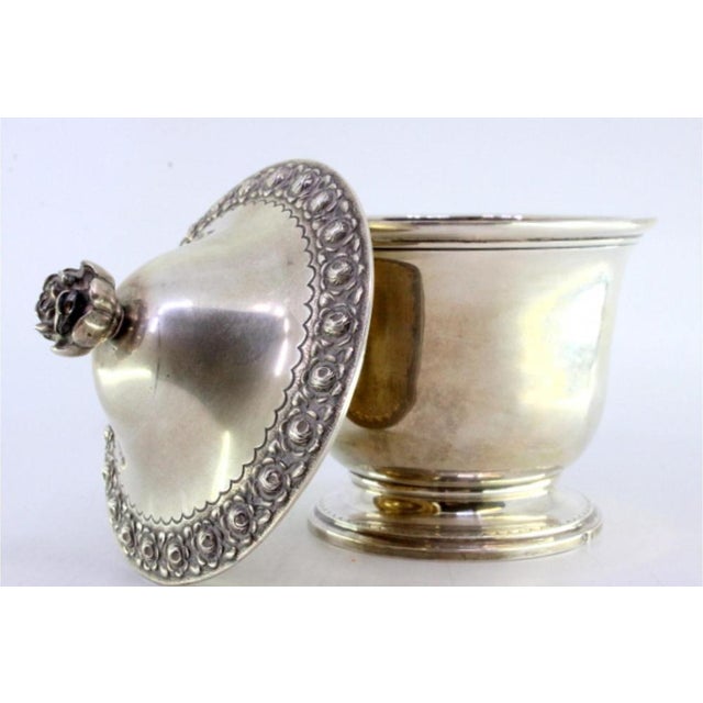 Metal Silver Candy Box with Lid and Handle Embossed with Floral Motifs and Engraved Waves For Sale - Image 7 of 8