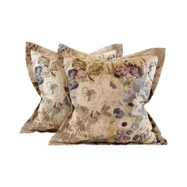 Designer P Kaufmann Braemore Green Gray Lilac Purple "Lisette" Floral Bouquet Botanical Linen Pillow Covers- 25" Pair For Sale In Jacksonville, FL - Image 6 of 6