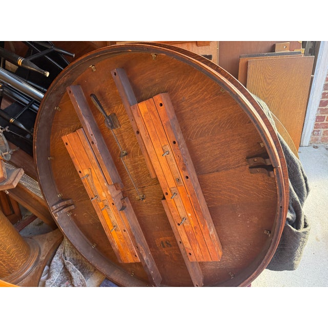 Antique Art & Craft Regency Style Tiger Oak Extendsion Round Dining Table With 4 Leaves For Sale - Image 14 of 18