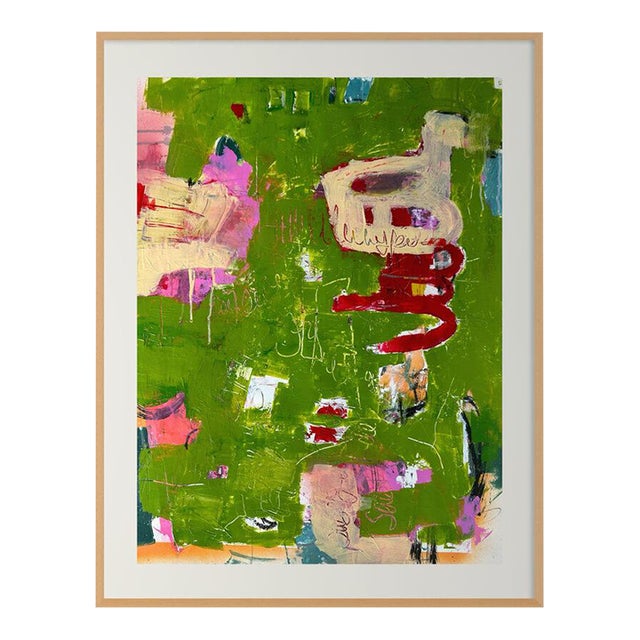 Christiane Corcelle "Orquevaux Mossy Whispers" Mixed Media on BFK Paper, Framed Abstract Painting in Moss Green, Pink and Red, 2024 For Sale