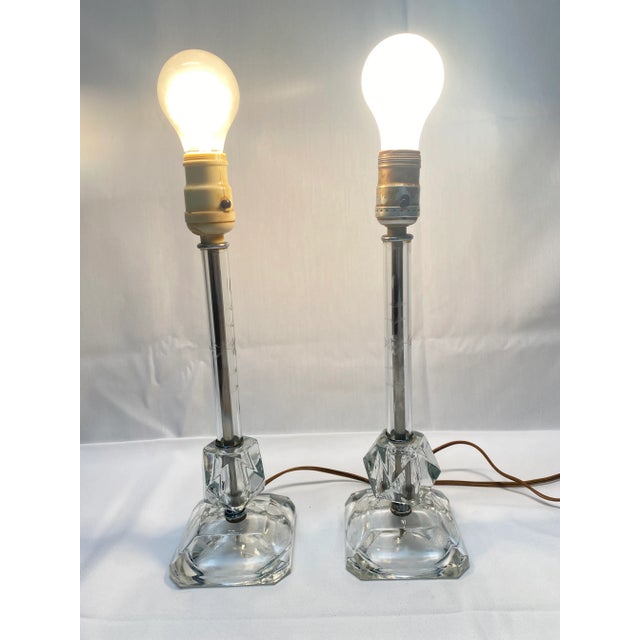 1920s Art Deco Etched Glass Table Lamps – Vintage Crystal Lamp Bases, Pair For Sale - Image 9 of 10