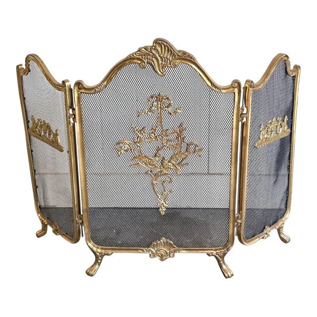 Victorian Style Brass Floral Bouquet Fireplace Screen For Sale