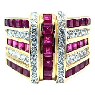 Bold 18k Yellow Gold Ruby and Diamond Ring, Size 6.5 For Sale