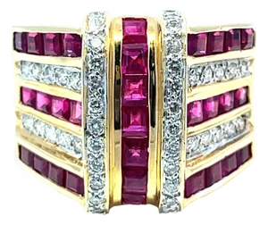 Bold 18k Yellow Gold Ruby and Diamond Ring, Size 6.5