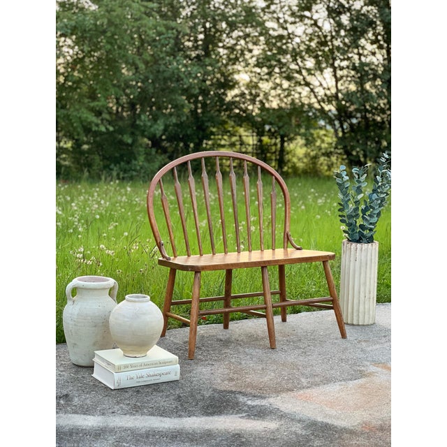 Mid Century Solid Oak Bowback Windsor Armless Bench Settee For Sale - Image 9 of 10