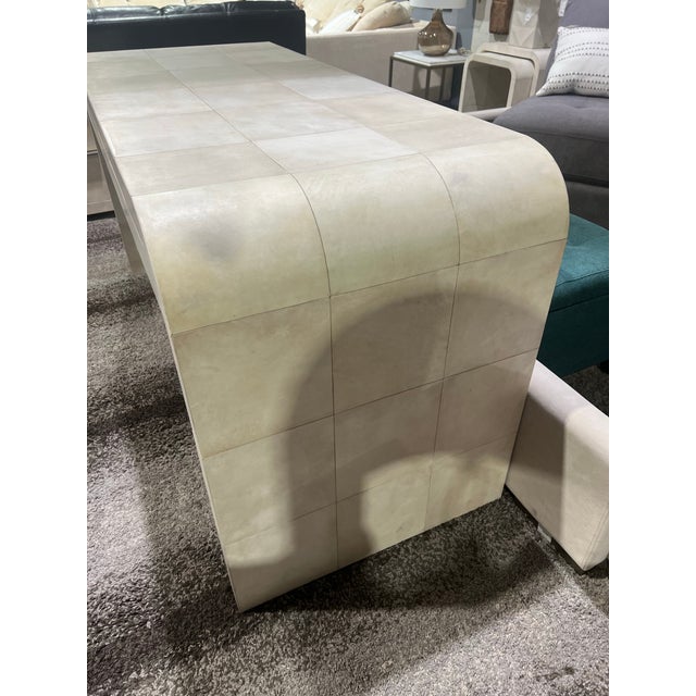 Architectural and refined, this Restoration Hardware Parchment Leather Desk is a striking example of modern luxury design....