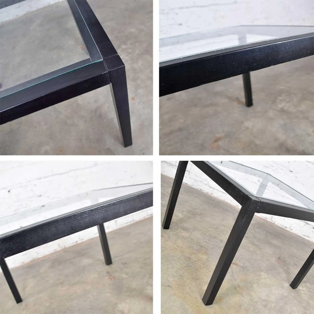 Vintage Modern Blackened Oak Square Parsons Style Side Table With Glass Top For Sale - Image 12 of 13