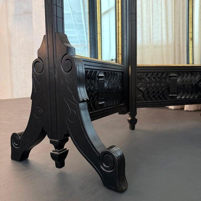 Black Antique Eastlake Trifold Standing Floor Mirror Room Divider For Sale - Image 8 of 15