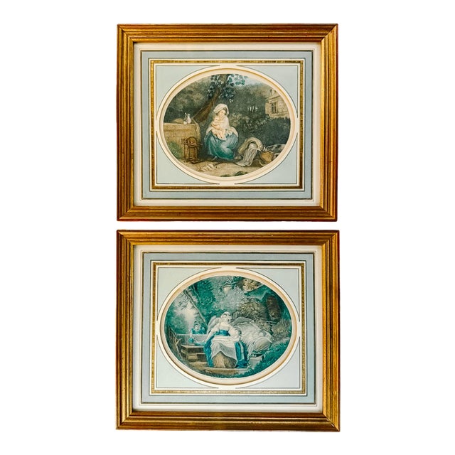 Early 20th Century Pair of 18th Century Louis XVI Style French Stipple Engravings Reproduction For Sale