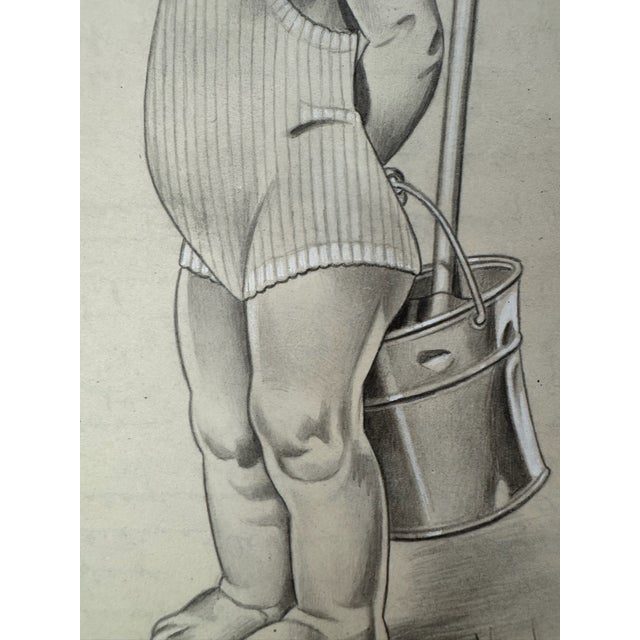 American 1940s Original Signed Graphite Illustration of Laughing Toddler With Bucket, 11.5 × 8.75 In. For Sale - Image 3 of 5