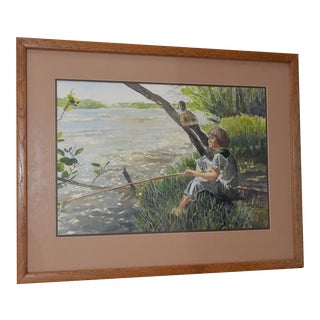 Vintage Watercolor "Fishing Day" by Joe Truesdale c.1970s For Sale