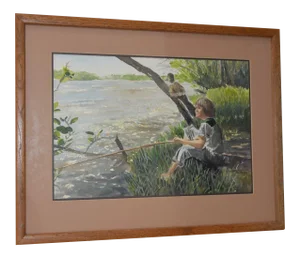 Vintage Watercolor "Fishing Day" by Joe Truesdale c.1970s