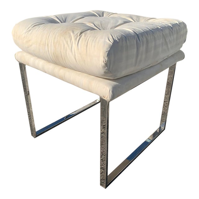Milo Baughman Style Chrome Upholstered Stool For Sale