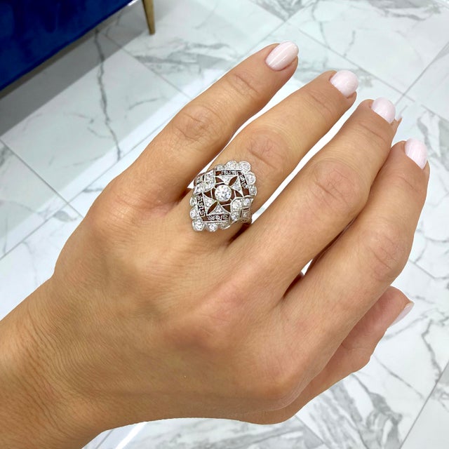 Platinum Antique Edwardian Platinum 14k White Gold 1.09ct Diamond Filigree Cocktail Ring, Size 5 For Sale - Image 8 of 8