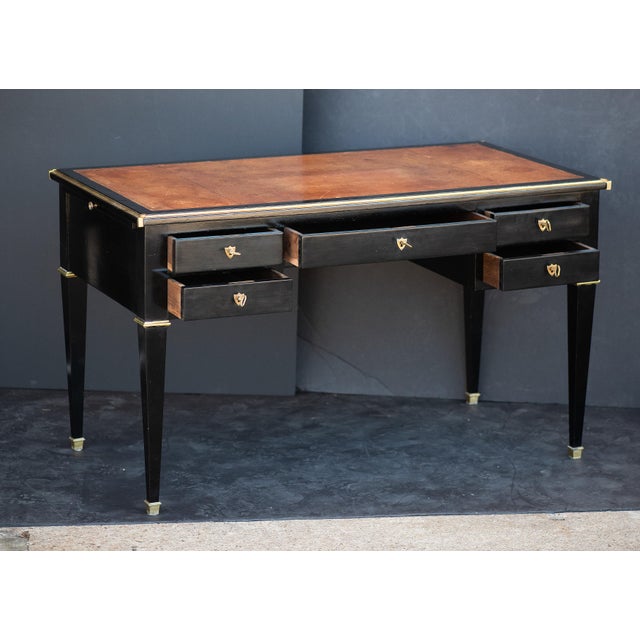 French French Louis XVI Ebonized Writing Table or Desk With Embossed Leather Top For Sale - Image 3 of 13