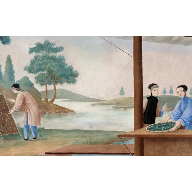 Fine China Trade Watercolor on Paper: Silk Processing—Feeding of Silkworms Circa 1780–1820 This remarkably fine China...