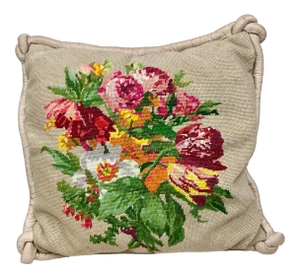 Large Vintage Floral Needlepoint Pillow