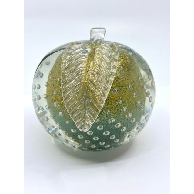 Mid-Century Alfredo Barbini Murano Apple paper weight or decor in Celadon Green and gold color. Used as a bookend as well....