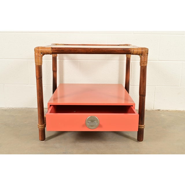 1950s John Wisner for Ficks Reed Mid-Century Hollywood Regency Bamboo Rattan Glass Top Side Table, 1950s For Sale - Image 5 of 12