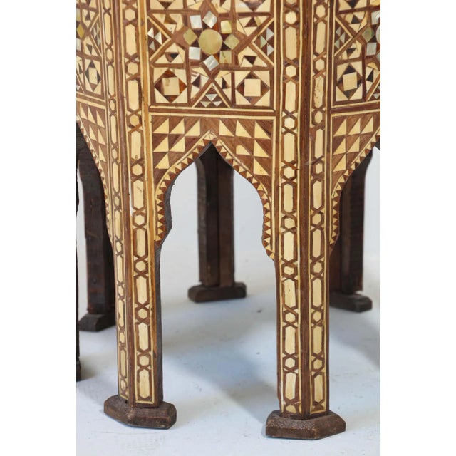 Berber Tribes of Morocco Moorish Moroccan Octagonal Pedestal Tables Inlaid with Mosaic Marquetry - A Pair For Sale - Image 4 of 13