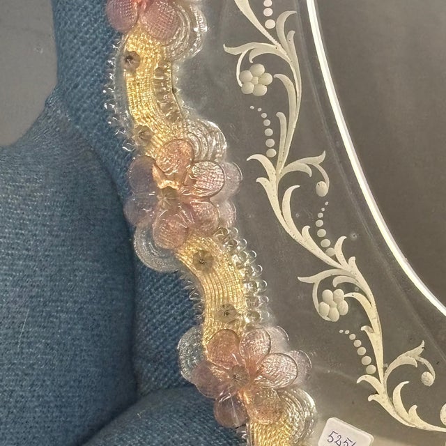 Mid-Century Modern Oval Murano Glass Mirror with Pink Flowers, 1950s For Sale - Image 4 of 11