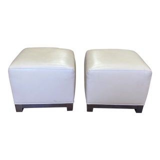 Cream Leather Square Ottomans - a Pair For Sale