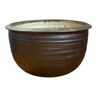 Vintage Monumental Rustic Brown Ceramic Bowl For Sale