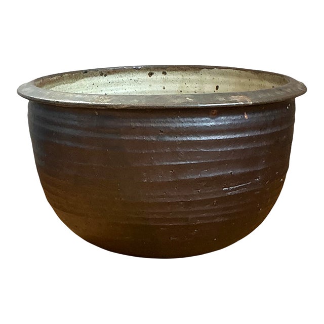 Vintage Monumental Rustic Brown Ceramic Bowl For Sale
