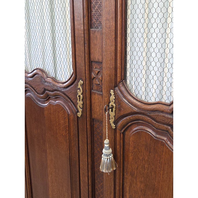 Wood Antique French Provincial Wardrobe With Wire Grills and Interior Blue Curtains For Sale - Image 7 of 14
