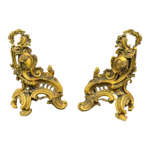 Pair of Antique French Rococo Baroque Style Gilt Metal Fireplace Andirons Chenets