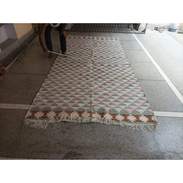 Handmade Cotton Area Rug, Vegetable Dyed, Gray, Pink, Cream and Tan Geometric Dhurrie -6'x12' For Sale - Image 9 of 13