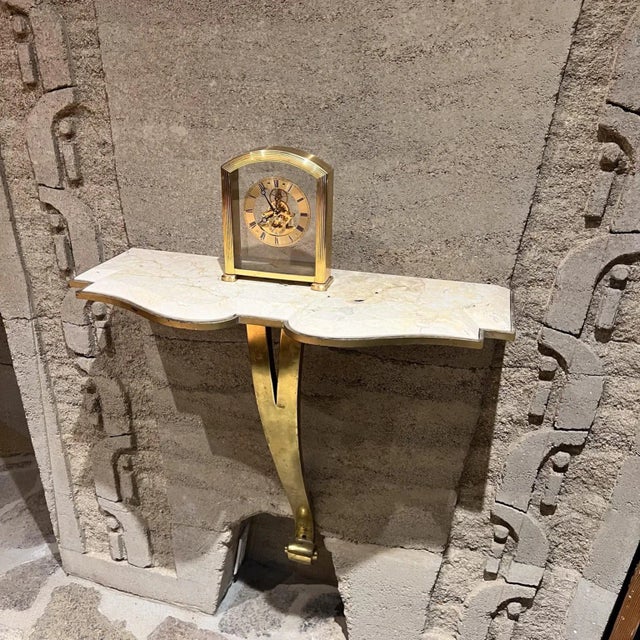 AMBIANIC presents 1980s Modern Seiko Skeleton Quartz Desk Clock in Brass 9 h x 7 w x 1.75 d Preowned unrestored vintage...