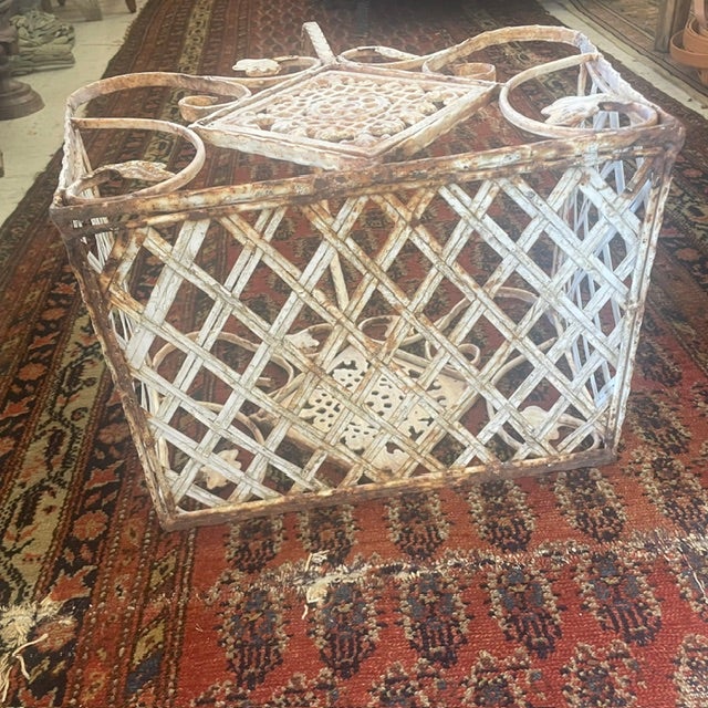 Metal Vintage Victorian French Style White Iron / Lattice Rectangle Basket W/ Leaves/Tiles & Fixed Handle For Sale - Image 7 of 18