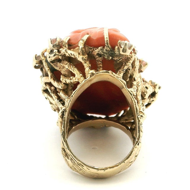 1970s Italian Carved Red Coral Diamond 14k Gold Statement Ring, Circa 1970s, Size 6.25 For Sale - Image 5 of 13