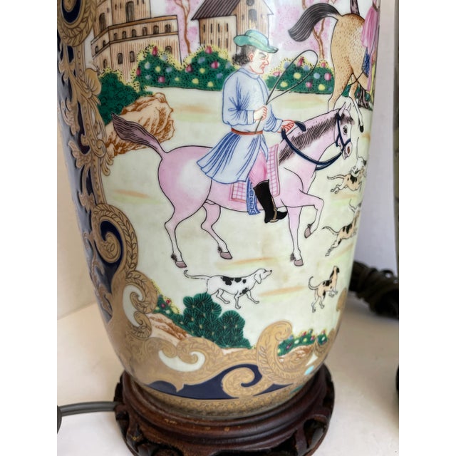 Pair of Asian Export European Hunting Scene Jar Vase Lamps For Sale - Image 12 of 12