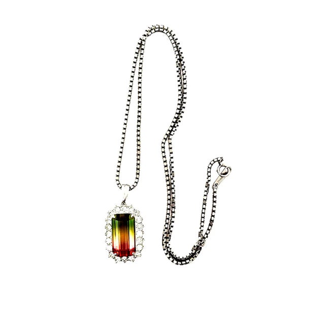 12.53 Carat Watermelon Tourmaline Diamond-Halo Platinum Pendant Necklace For Sale - Image 4 of 5