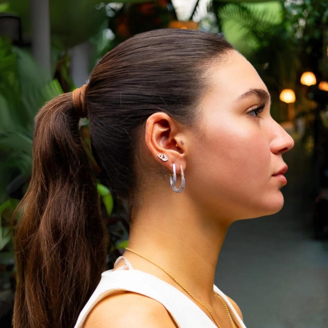 Pave Diamonds Gold Hoop Mini Size Earrings, A Pair For Sale In Miami - Image 6 of 11