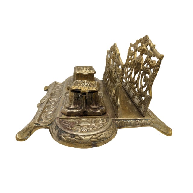 French Early 20th Century Antique Brass Double Inkwell Stand and Letter Holder Desk Organizer For Sale - Image 3 of 9
