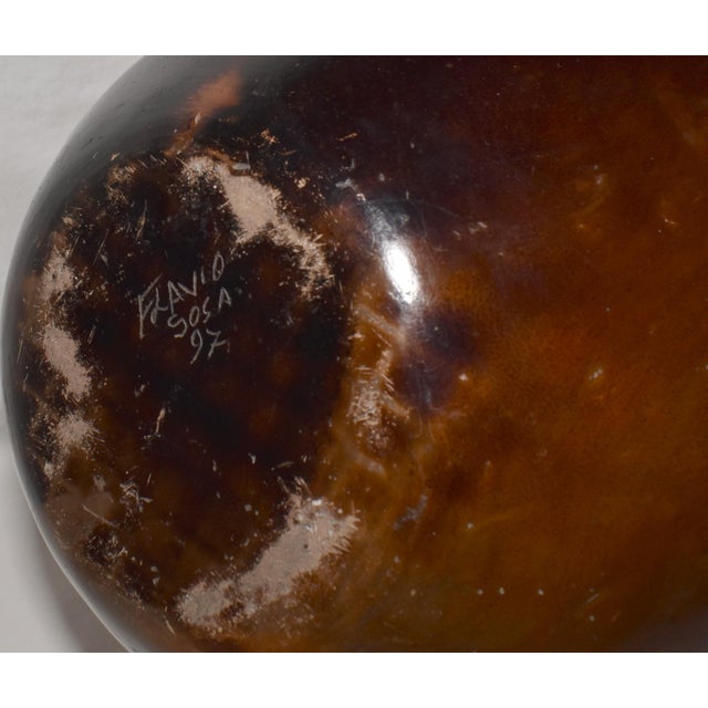 Large Vintage 1997 Folk Art Pottery Chulucanas Peru Round Woman Terracotta Handmade Vessel by Flavio Sosa For Sale - Image 9 of 11