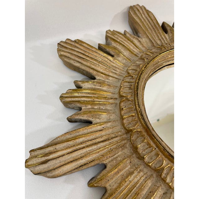 Vintage Mid Century 16.5" Creamy Giltwood Sunburst Wall Mirror For Sale - Image 11 of 18