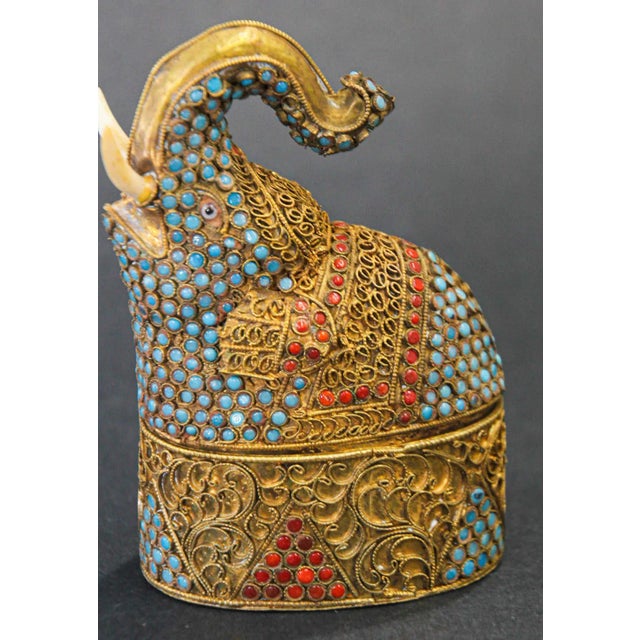 Indian Indian Mughal Style Gem-Set Gilt Brass Elephant Shape Snuff Box For Sale - Image 3 of 11