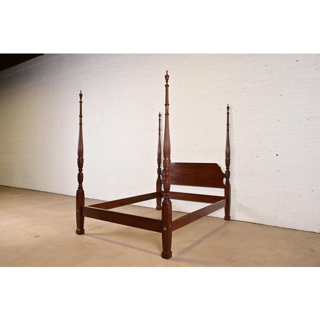 English Ethan Allen Georgian Carved Solid Cherry Wood Queen Size Poster Bed For Sale - Image 3 of 13