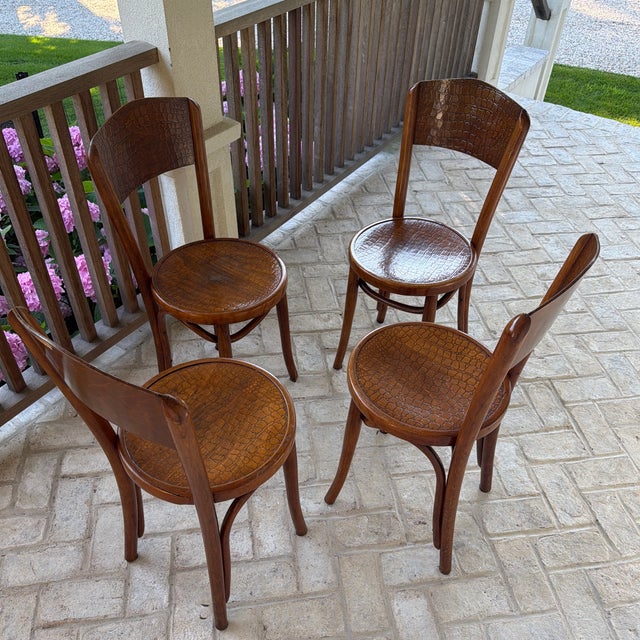 Set of 4 antique bentwood bistro chairs with a fabulous crocodile pattern on the back and seat. Likely made by...
