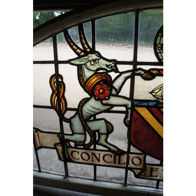Metal Set of 2 Antique Manchester English Stained Glass Palladian Windows Coat of Arms For Sale - Image 7 of 12