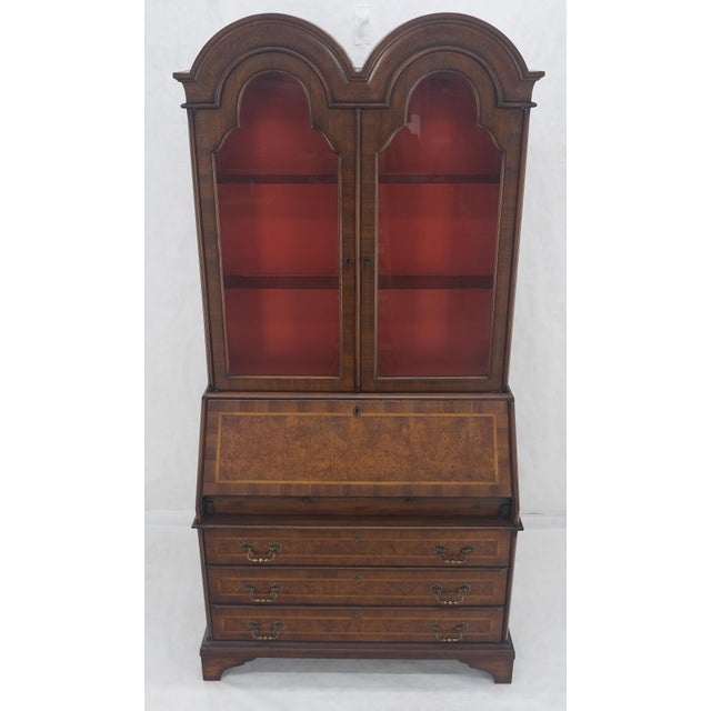 Double Bonnet Dome Top Burl Wood 3 Drawer Drop Front Secretary Desk 1900s Clean! For Sale - Image 10 of 17