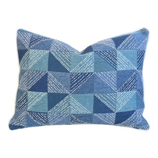 Contemporary Modern Geometric Blue & White Feather/Down Pillow 23" X 17" For Sale