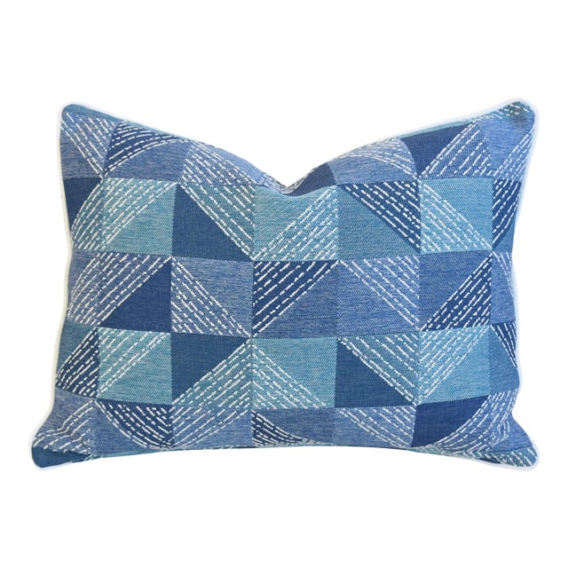 Contemporary Modern Geometric Blue & White Feather/Down Pillow 23" X 17" For Sale