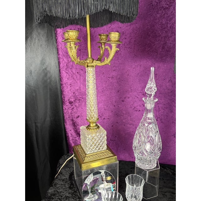 Mid 20th Century Hollywood Regency Crystal & Brass Four‑Arm Candelabra Lamps With Black Fringe Shades — A Dramatic Pair For Sale In Phoenix - Image 6 of 12