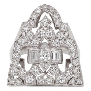Antique 14k White Gold Art Deco Cocktail Ring With 1.5 CTW Diamonds, Size 4.5 For Sale